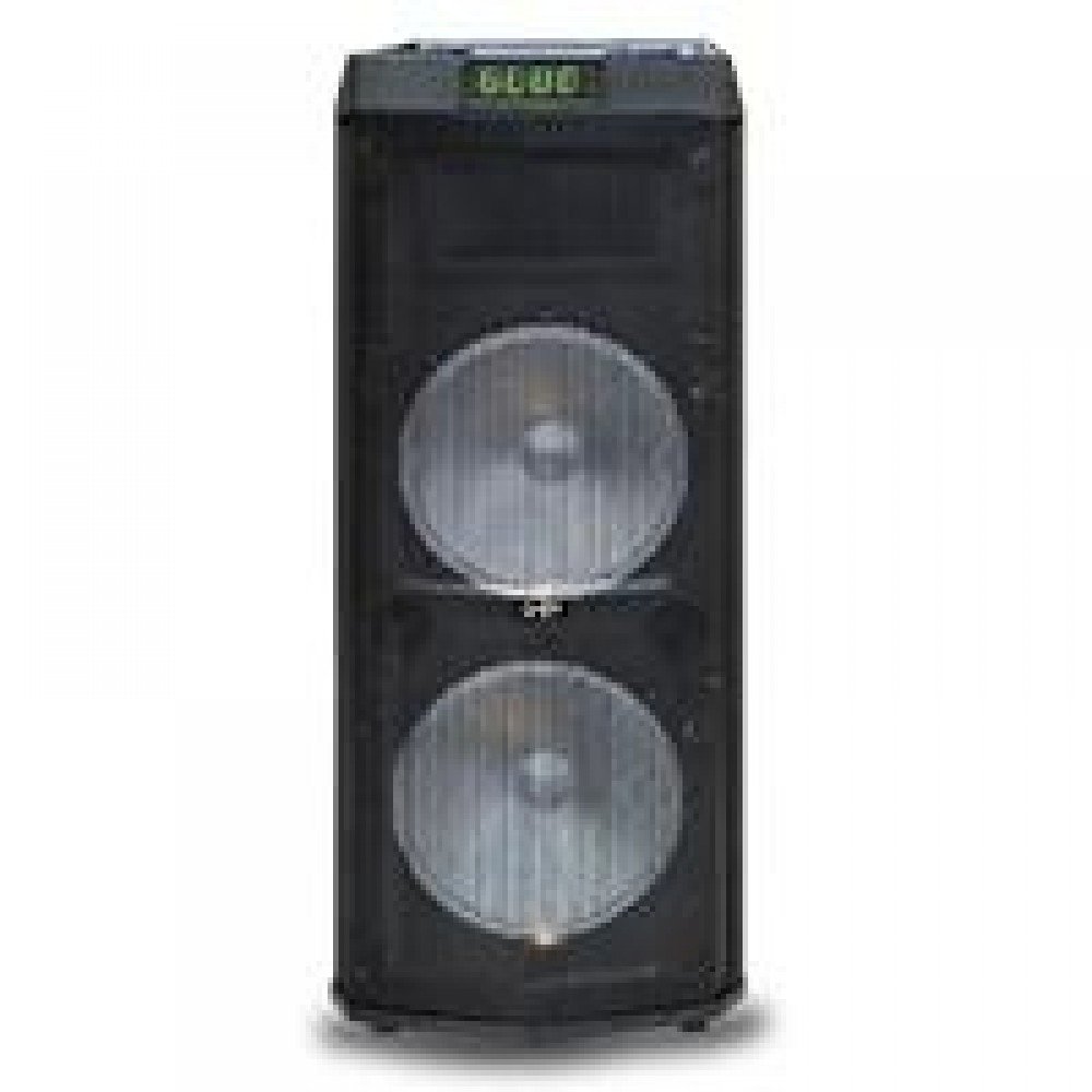 BAFLE AMPLIFICADO RECARGABLE BOCINA PROFESIONAL DOBLE DE 12 PULG 24000W PMPO PORTATIL CON RUEDAS, CAJN DE MADERA BT/ USB/ MICRO SD/AUX/ LUCES LED/ BATERA/ APP