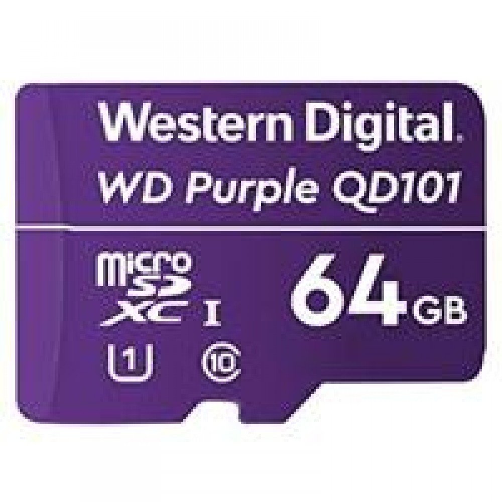 MEMORIA WD 64GB MICRO SDXC PURPLE SC QD101 VIDEOVIGILANCIA 24/7 CLASE 10 U1 LECT 50MB/S ESC 40MB/S